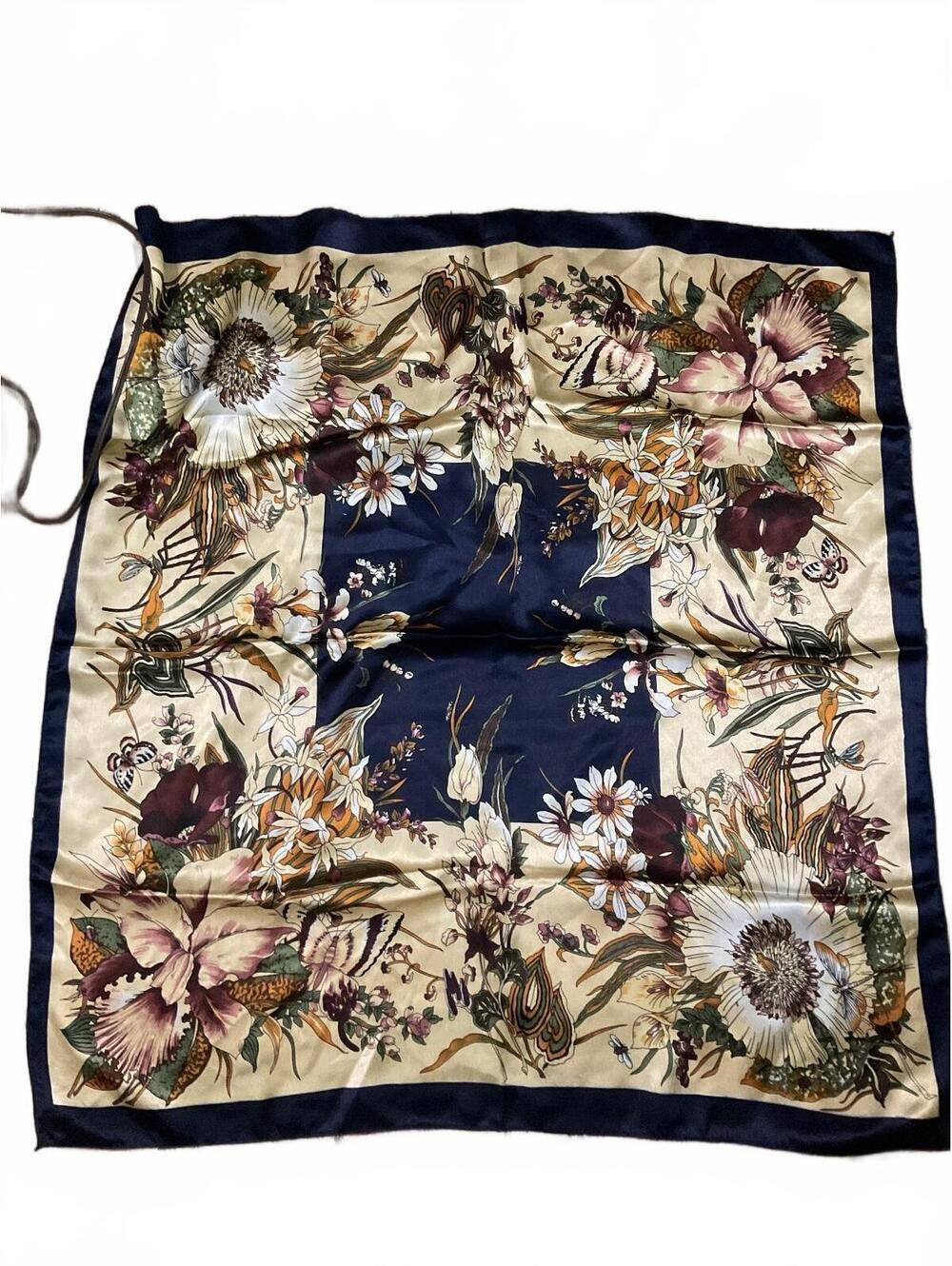 Elegant Floral Silk Scarf with Navy and Cream Tones Hidden Insects